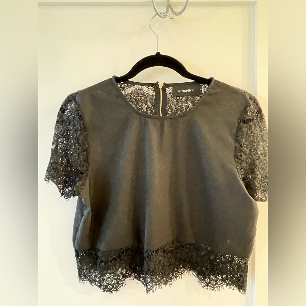 Mink pink black cropped silk and lace shirt
